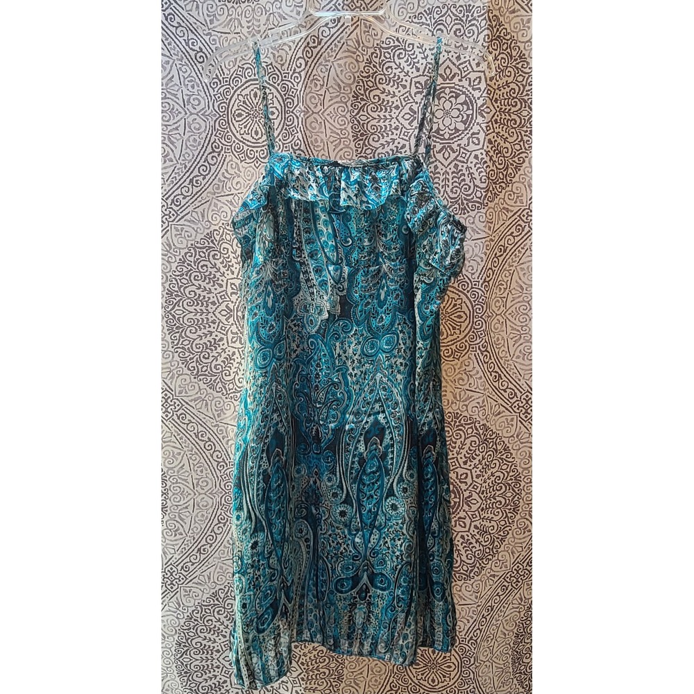 Spaghetti Strap Dress Women XL Turquoise Brown Paisley Ruffle Lined Side Zip